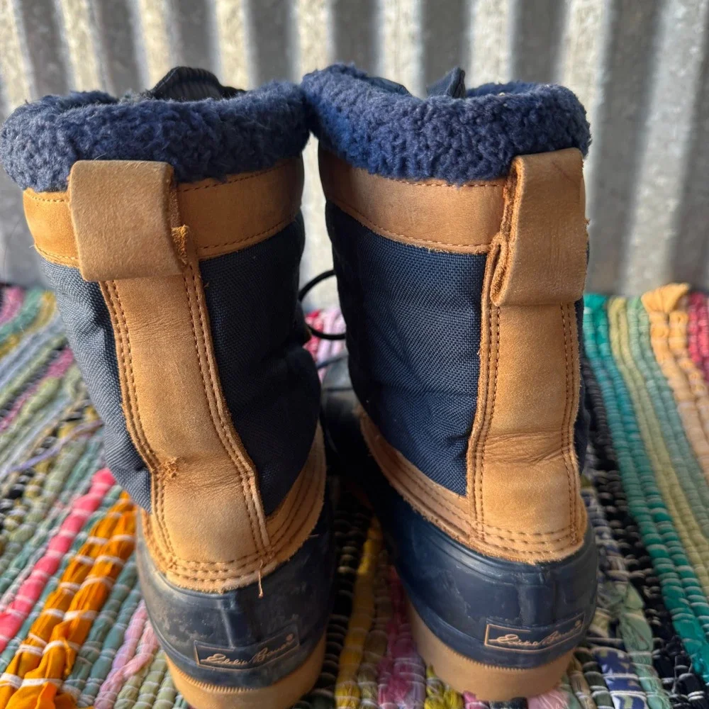 Eddie Bauer Mens Duck Boots Navy Blue Tan Leather Rubber Winter Snow Boots 8M